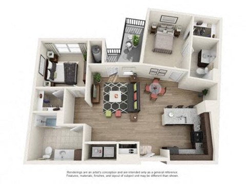 Floor plan for 2 beds, 2 baths, 1198 sqft